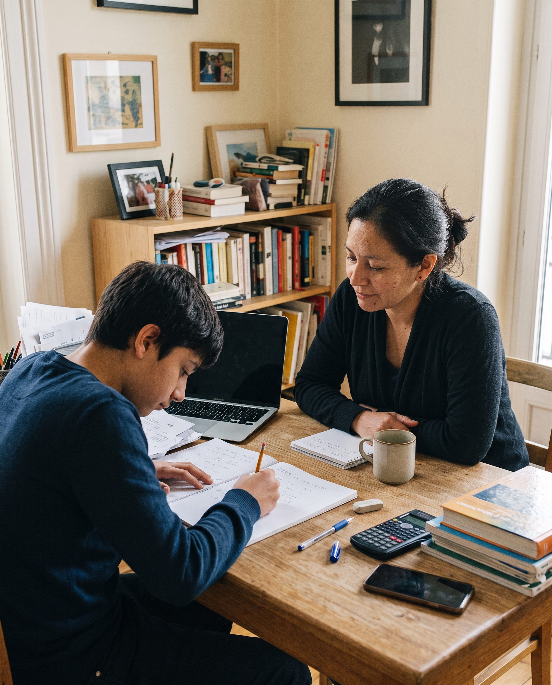 Madre acompañando a su hijo mientras estudia