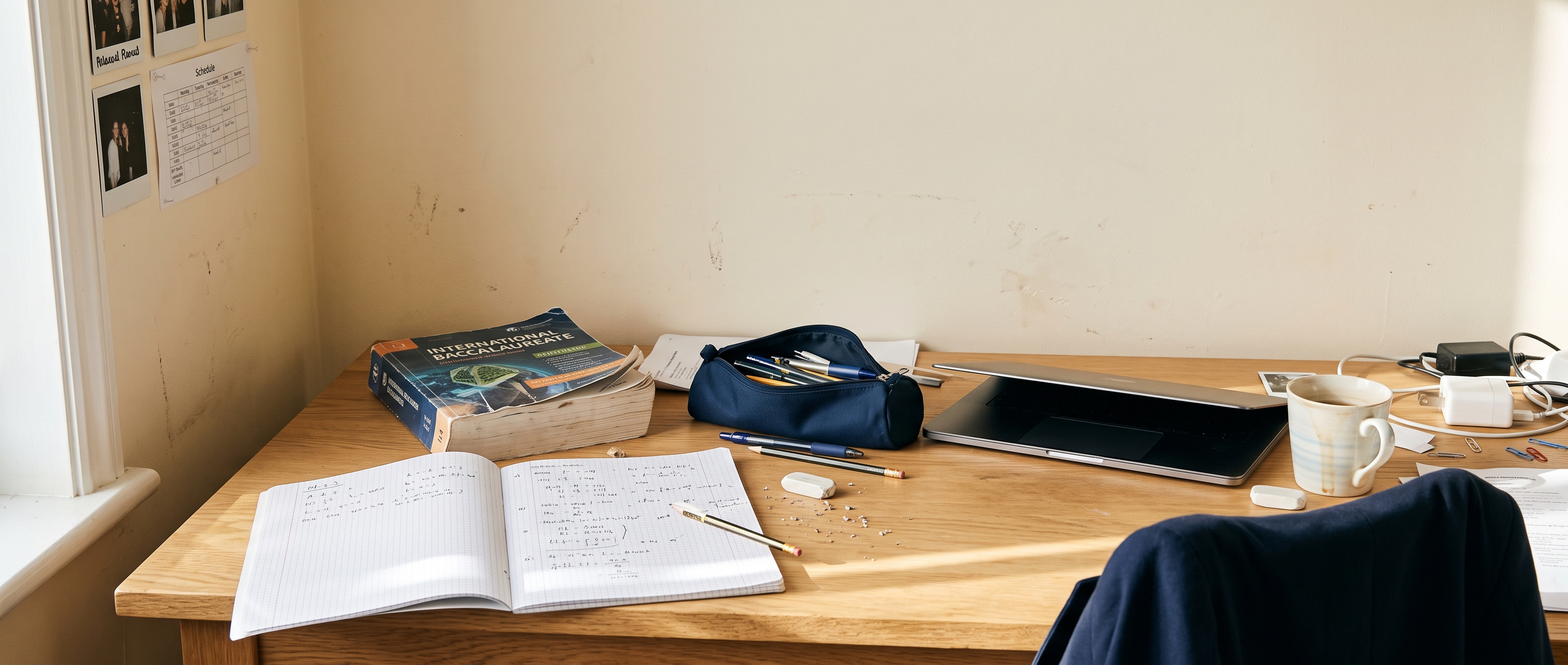 Escritorio de estudiante con cuaderno y laptop